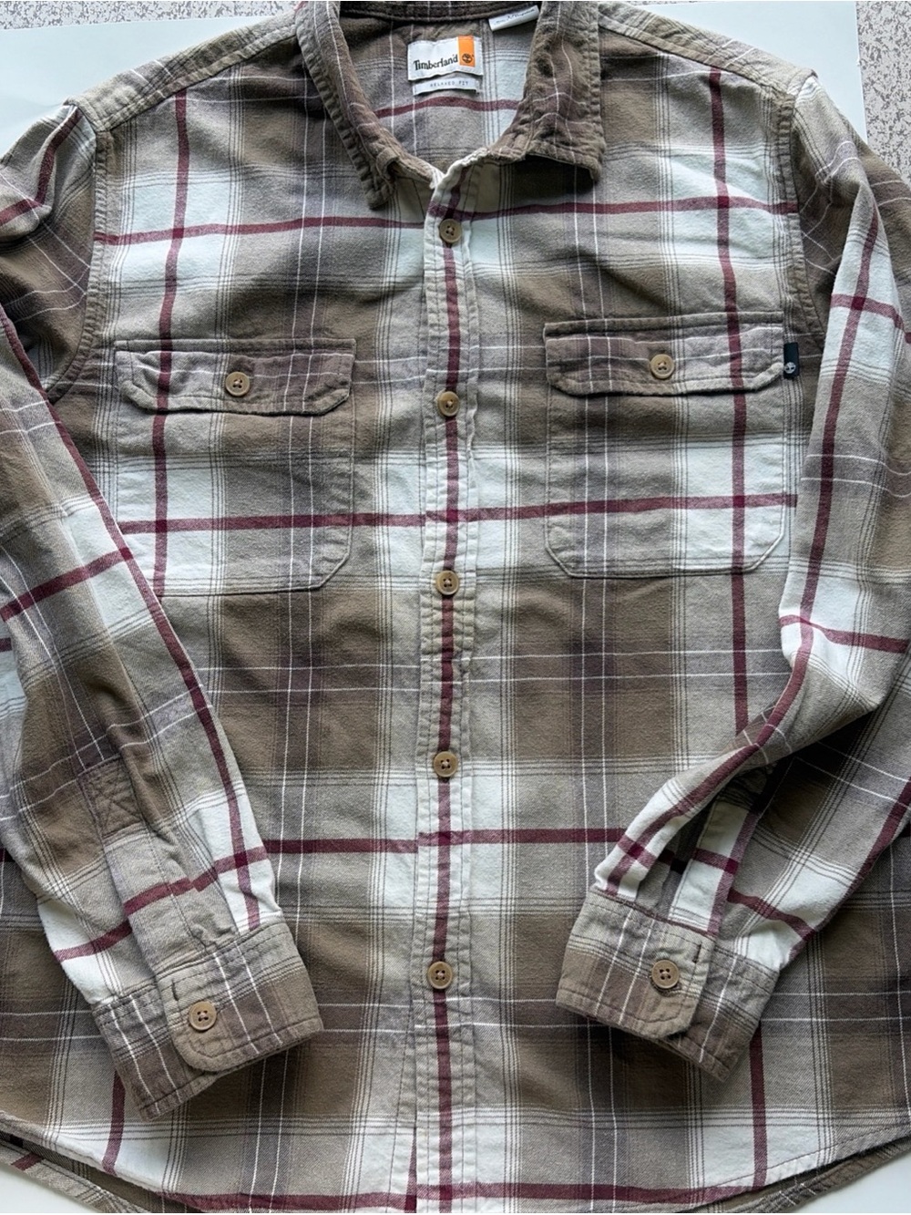 Timberland Plaid Flannel Shirt in Brown & Cream with Maroon Stripes large